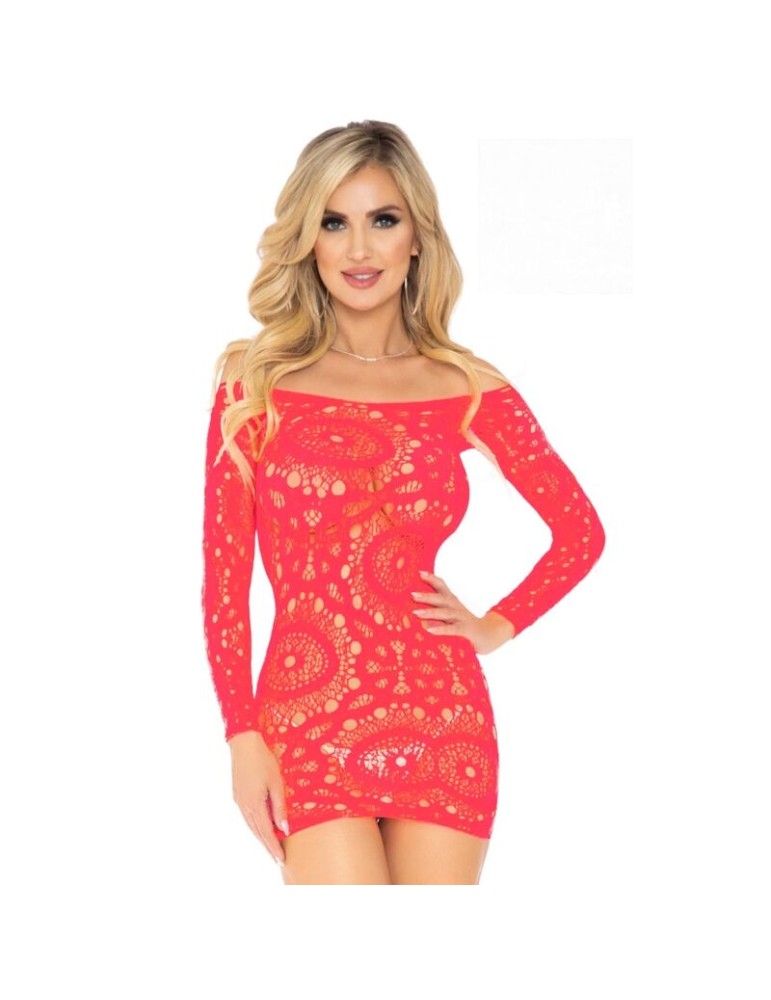 leg avenue mini robe en dentelle à manches longues corail taille unique