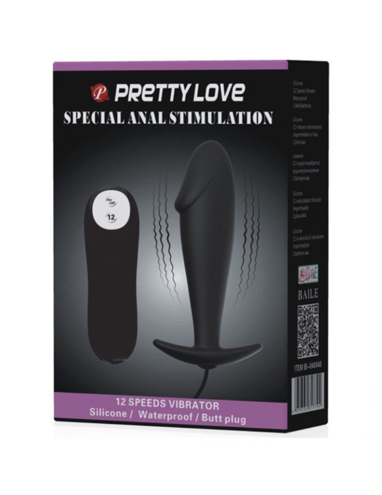 forme de pénis plug anal silicone pretty love et 12 modes vibrant - noir_7
