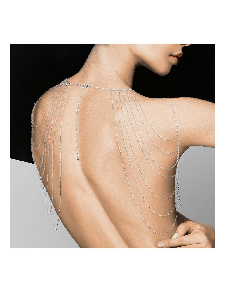 magnifique bijou chaîne en métal argenté dos et épaule