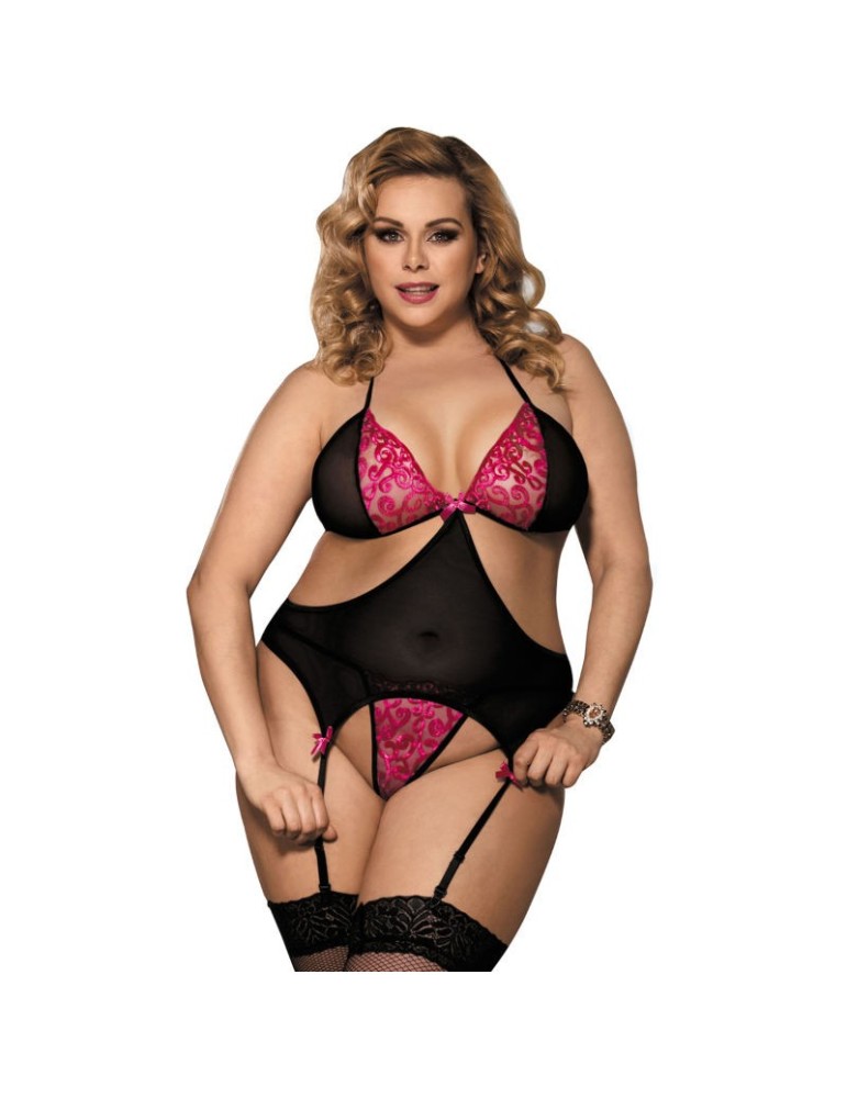 corset subblime queen plus avec porte-jarretelles noir et rose