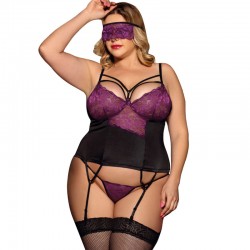Subblime queen plus corset avec string et masque noir et lilas