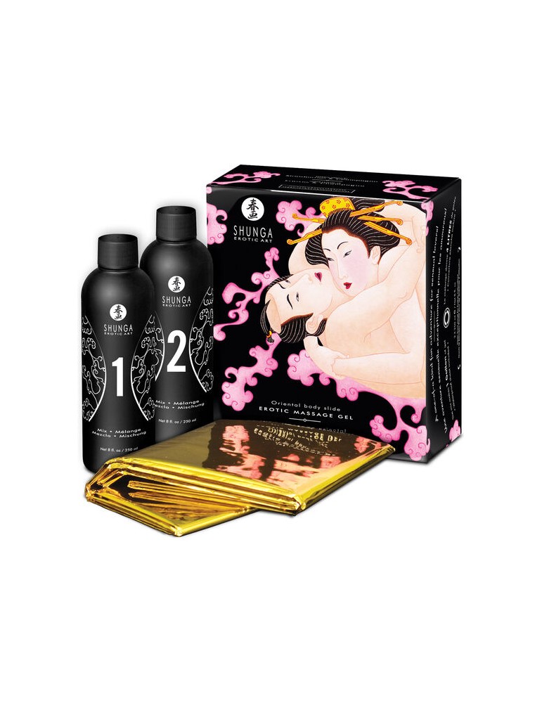 gel de massage shunga mêlée fraises orientales érotiques et champagne.