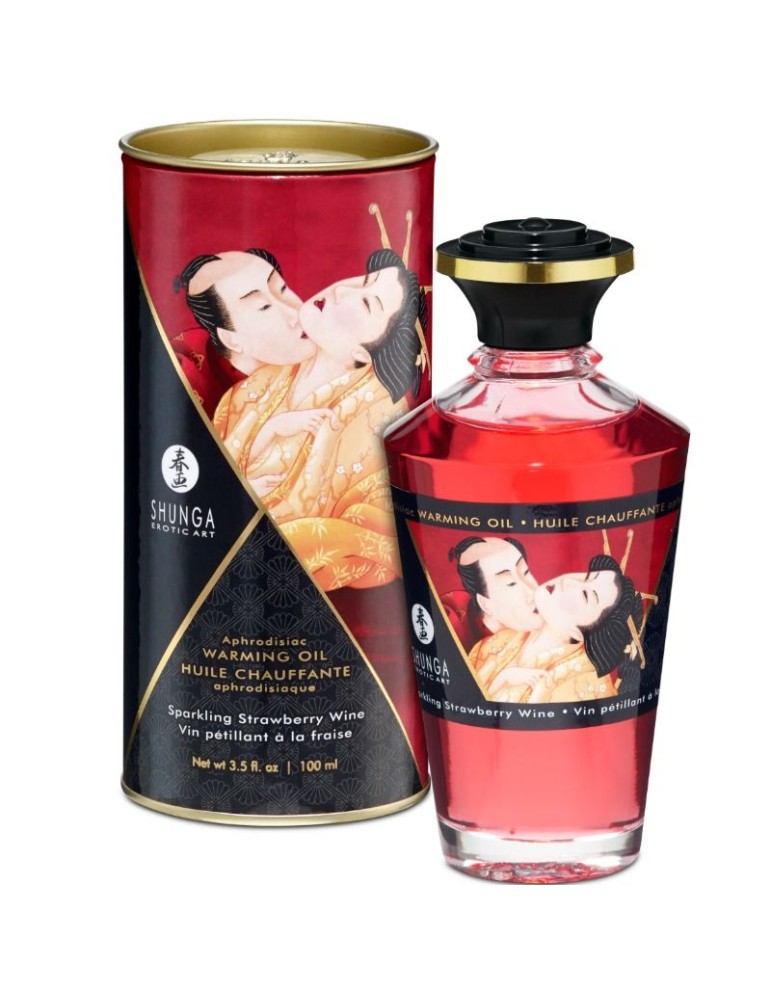 massage à l'huile de shunga saveur de champagne effet chaleur aux fraises 100 ml