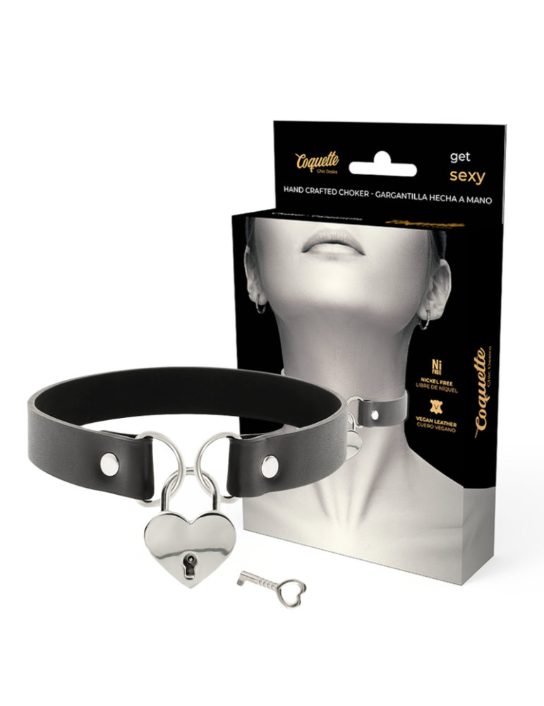 collier coquette accessoire en cuir vegan coeur avec clé